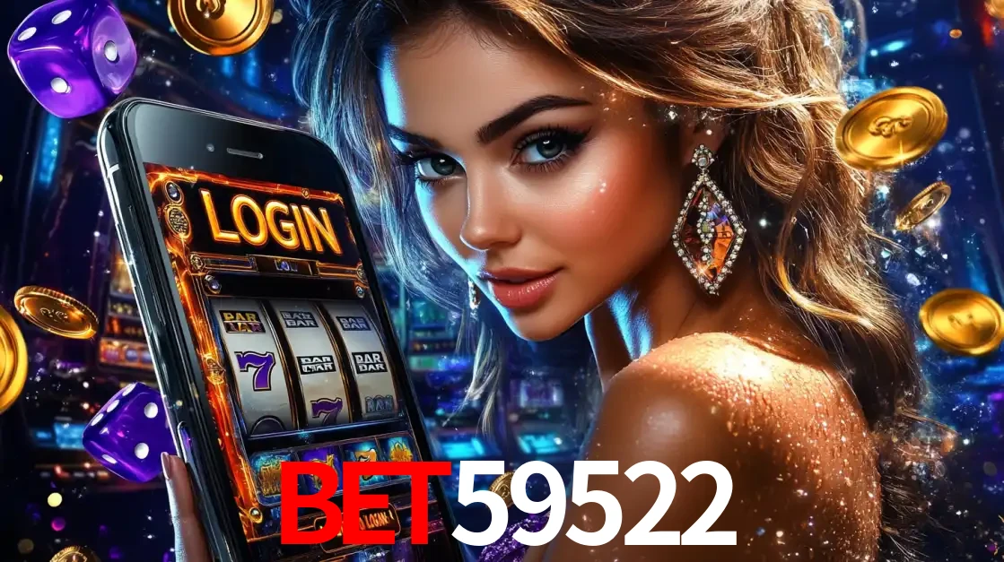 Mulher glamorosa segurando um smartphone com a tela de login para os jogos de caça-níqueis do cassino online BET59522, com moedas de ouro e dados ao redor.